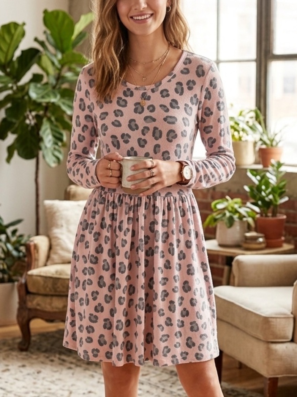 Cat & Jack Pink Leopard Print Long-Sleeve Girls Dress